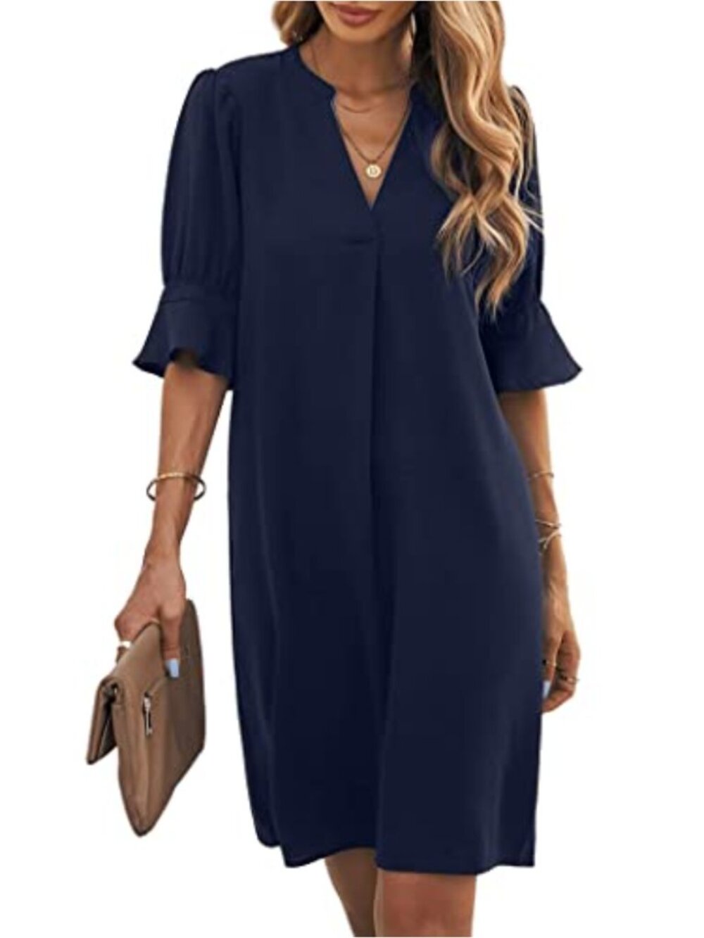 Womens V Neck Puff Sleeve Solid Loose Fit Casual Summer Beach Flowy Shirt Dress